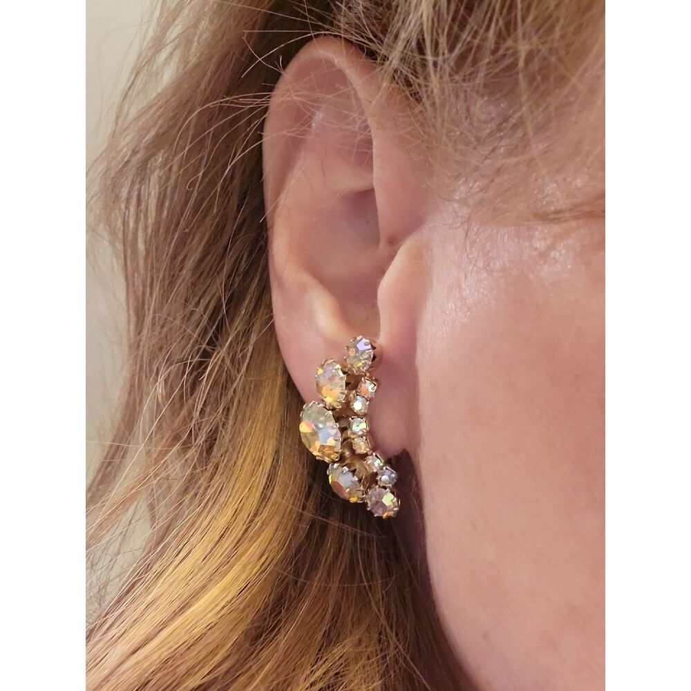 Weiss Aurora-Effect Crystal Cluster Earrings - Gold Clip On Vintage